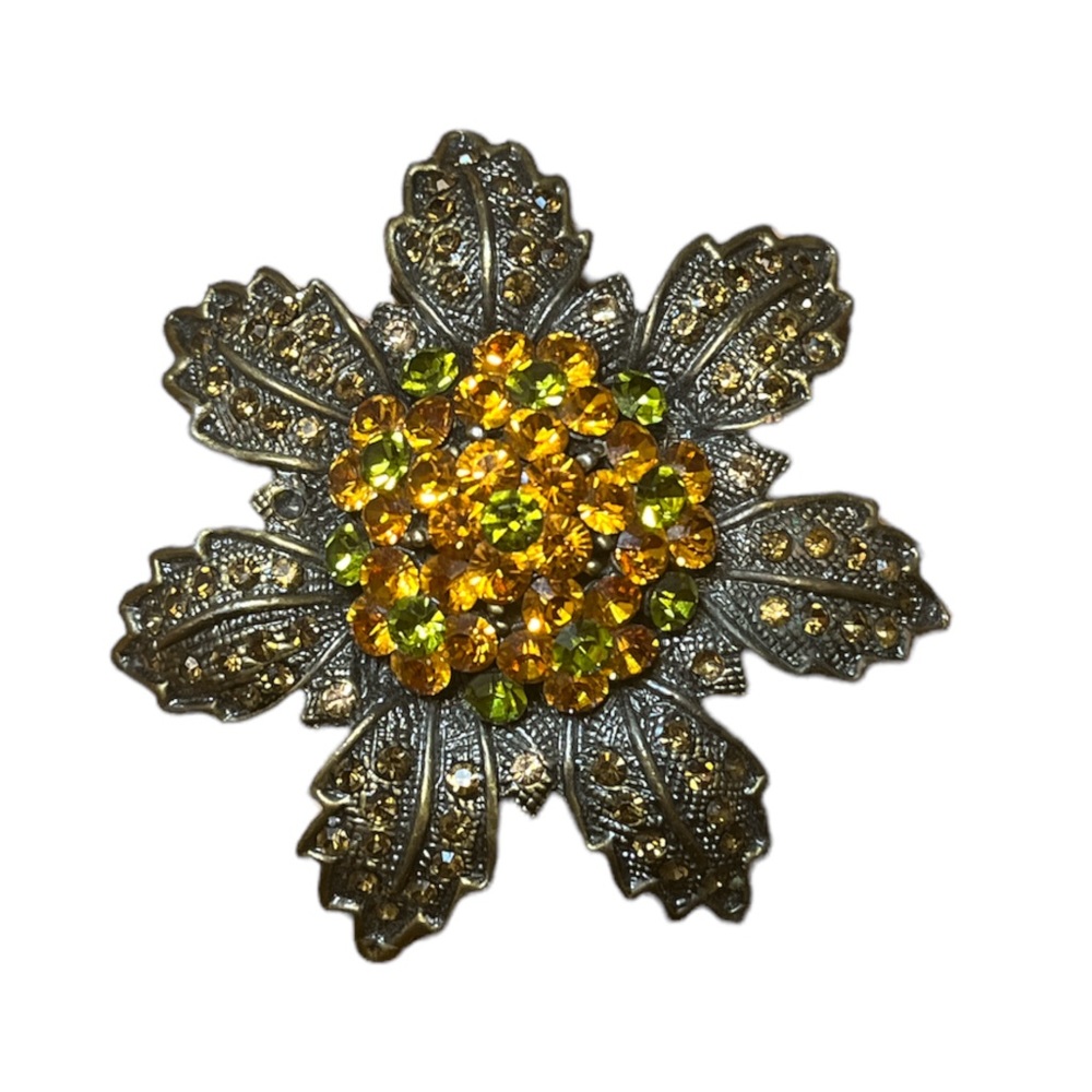 Vintage Unsigned Orange & Green Rhinestone Floral Brooch